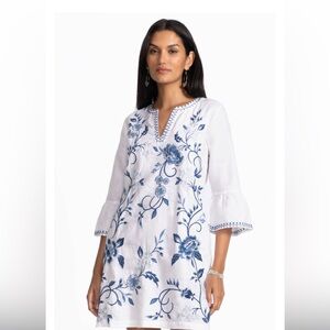 Johnny Was White Ruffle Sleeve Linen Dress with Blue Floral Embroidery